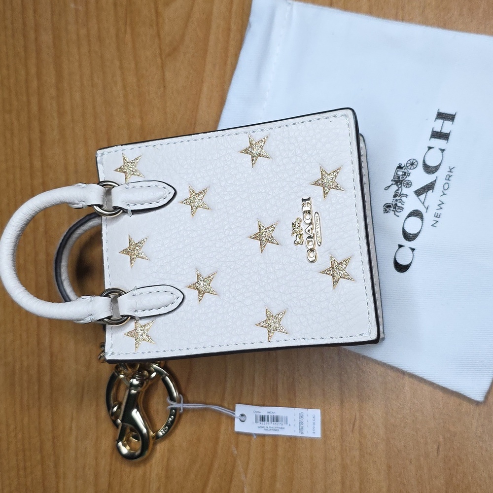 Coach Mini Tote Bag in White with Gold Stars KeyChain